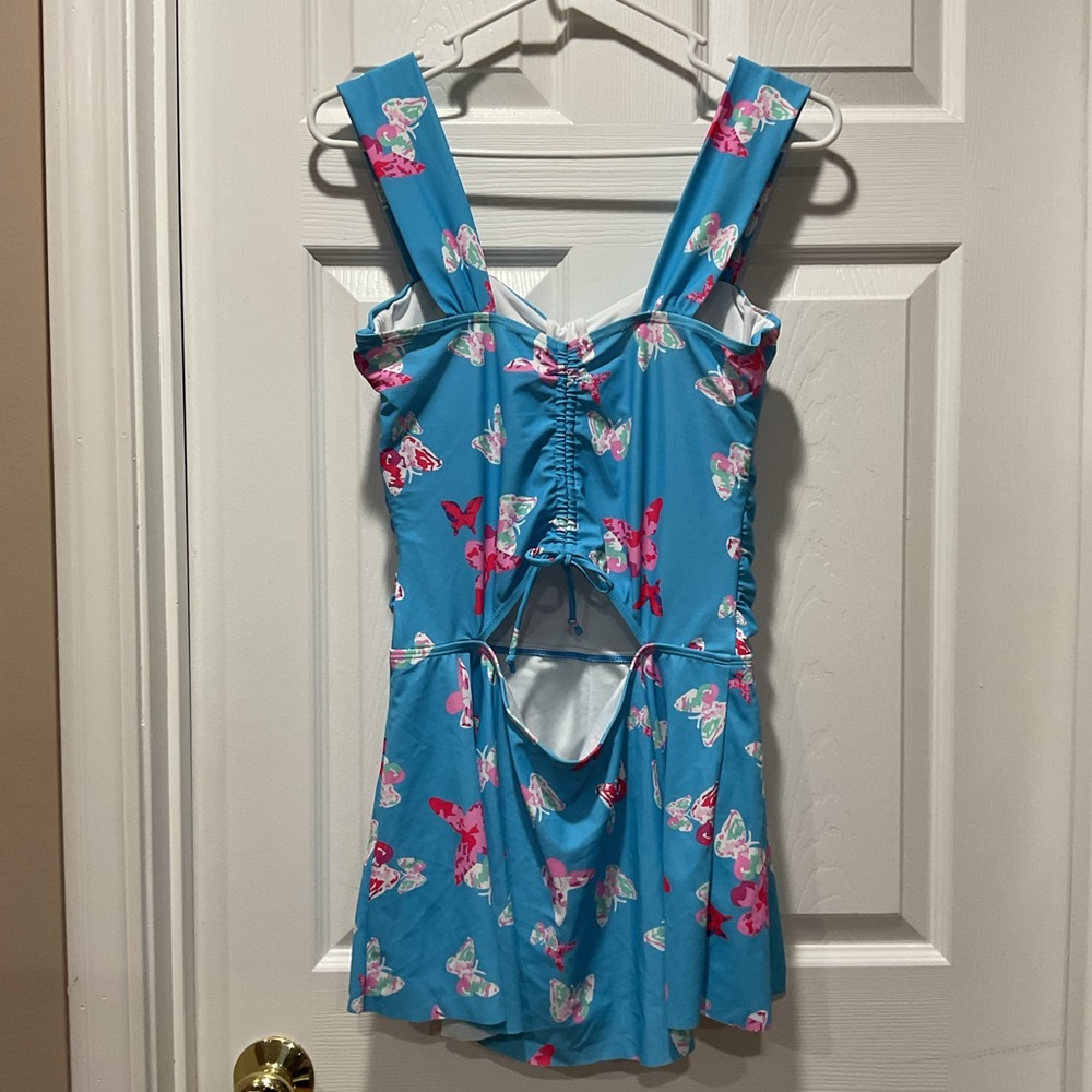 Suit swim dress with built-in shorts in blue w/ pink, green, white butterflies M - Picture 10 of 10
